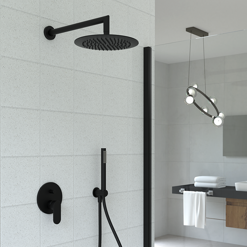 Supporto doccia nero opaco design tondo con rubinetto d'arresto